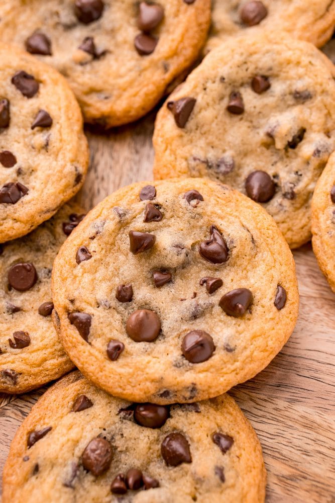 picture of chocolate chip cookies on a wood platter