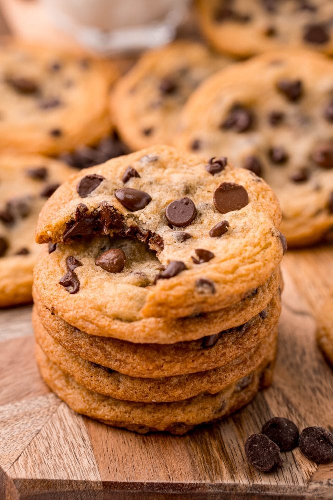 picture of chocolate chip cookies on a wood platter