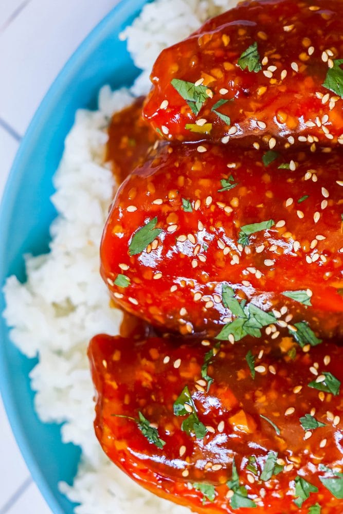 picture of honey garlic chicken on a plate with broccoli and rice