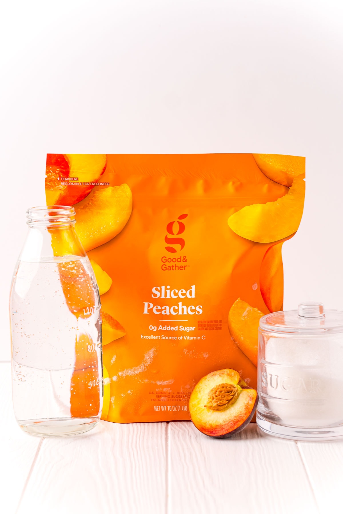 frozen peaches, sugar on a table