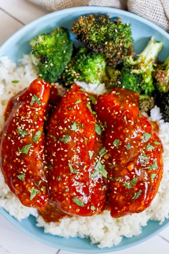 picture of honey garlic chicken on a plate with broccoli and rice