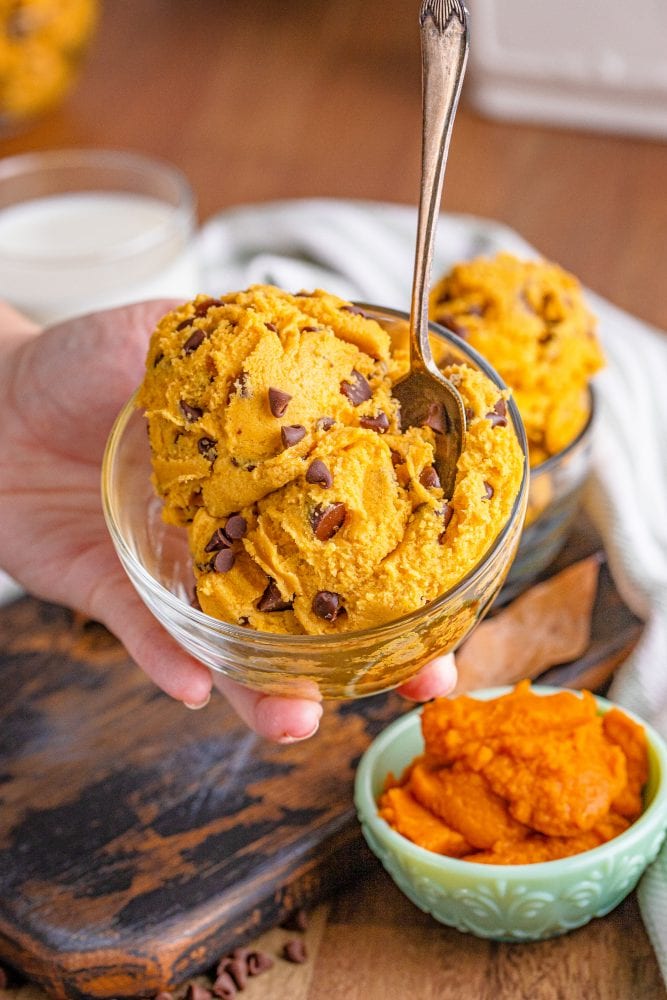 picture of edible pumpkin chocolate chip cookie dough in a bowl 