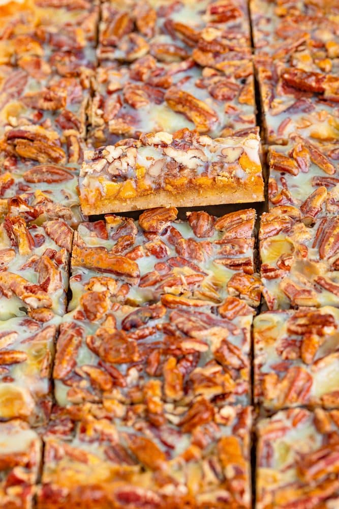 picture of sliced pumpkin magic bars in a tray