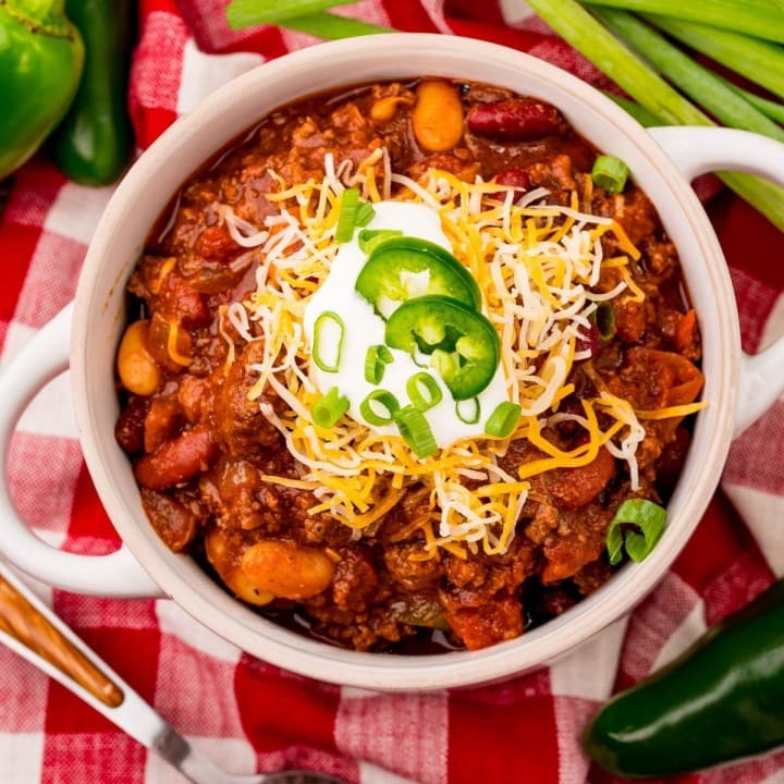 slow cooker chili in a white bowl
