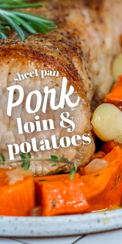 picture of pork loin with sweet potatoes garlic and onions on a plate 