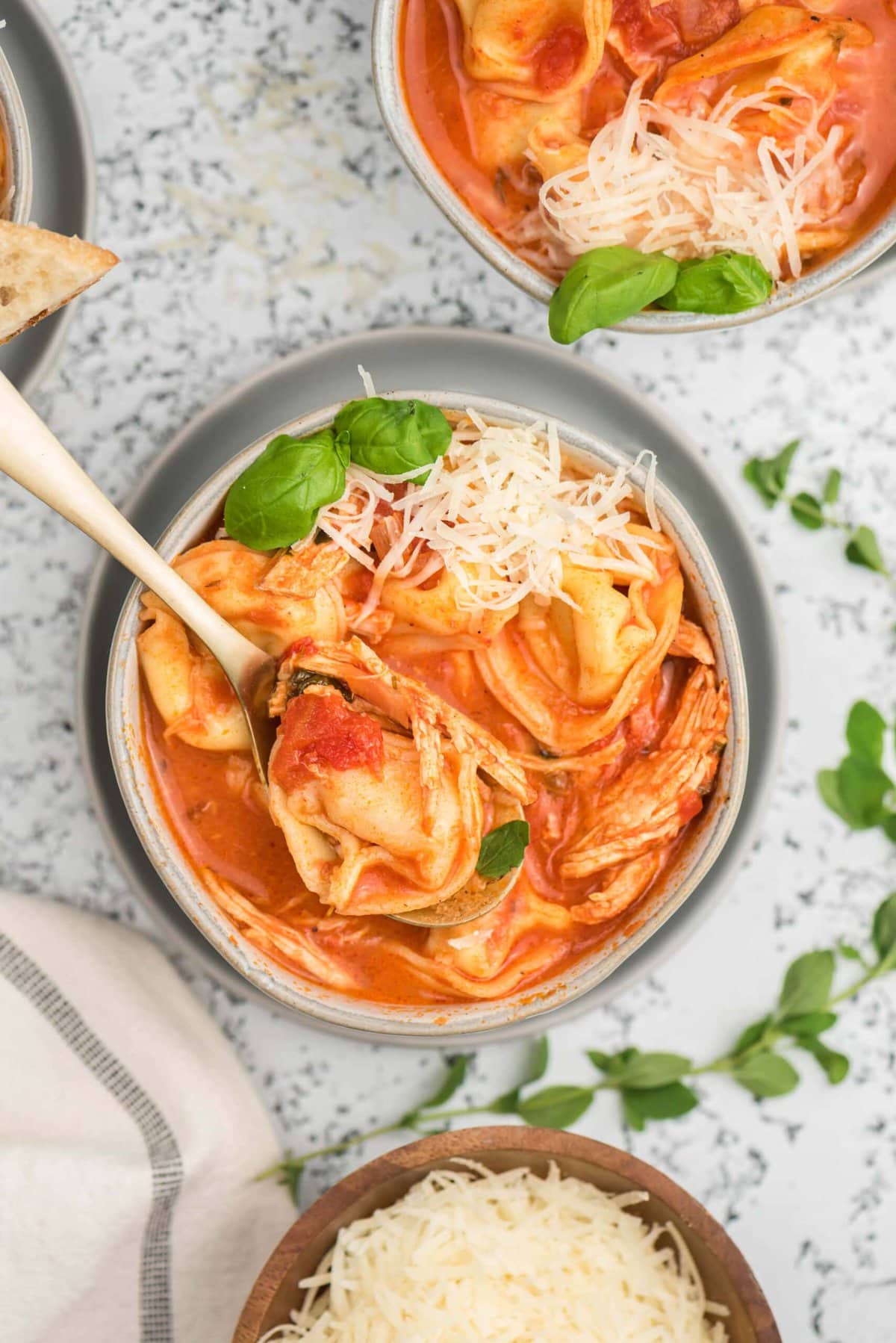 A bowl of tortellini in tomato sauce with a spoon, Tomato Basil Chicken Tortellini Soup Recipe.
