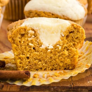 picture of muffin with cream cheese cut in half