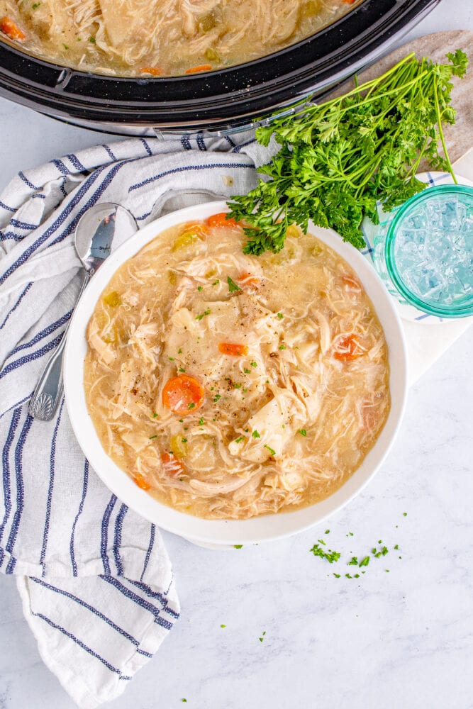 picture of chicken and dumplings in a white bowl next to a slow cooker