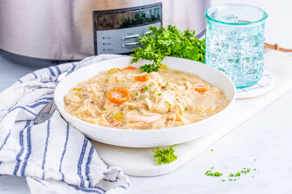 picture of chicken and dumplings in a white bowl next to a slow cooker