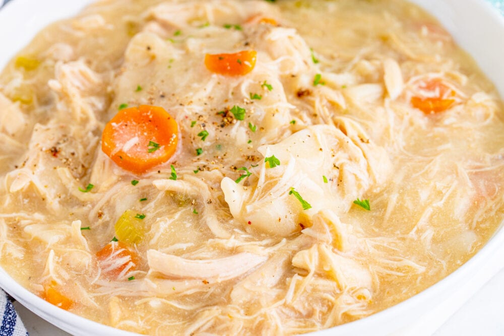 picture of chicken and dumplings in a white bowl next to a slow cooker