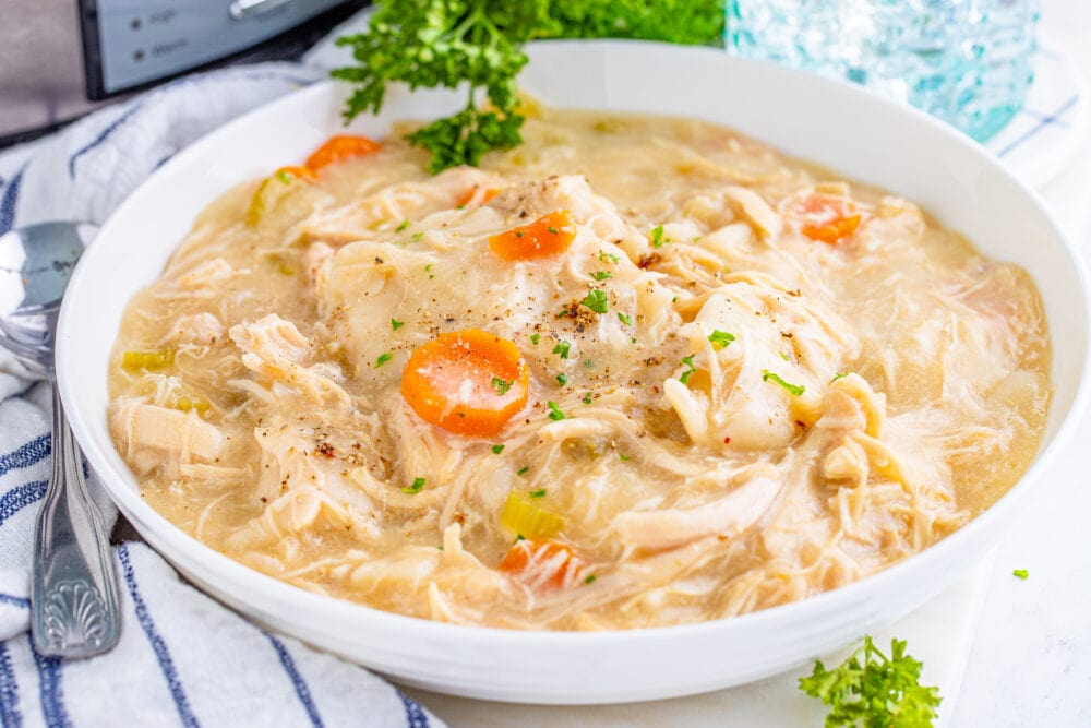 picture of chicken and dumplings in a white bowl next to a slow cooker