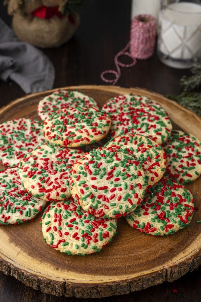 picture of sprinkle cookies on a wood platter
