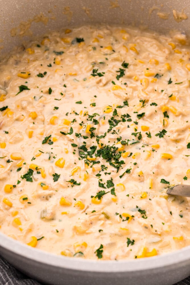 picture of corn chowder with shredded chicken in a bowl with parsley on top