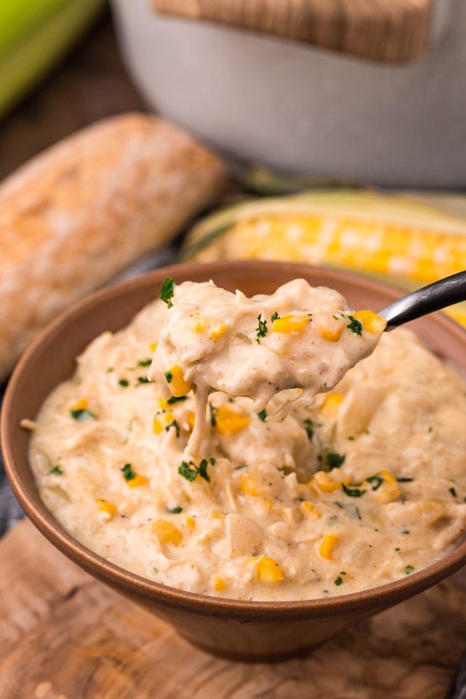 picture of shredded chicken in chowder with corn and parsley