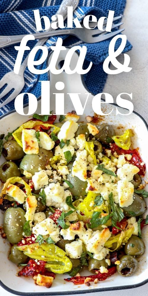 picture of baked olives and feta in a white glass dish
