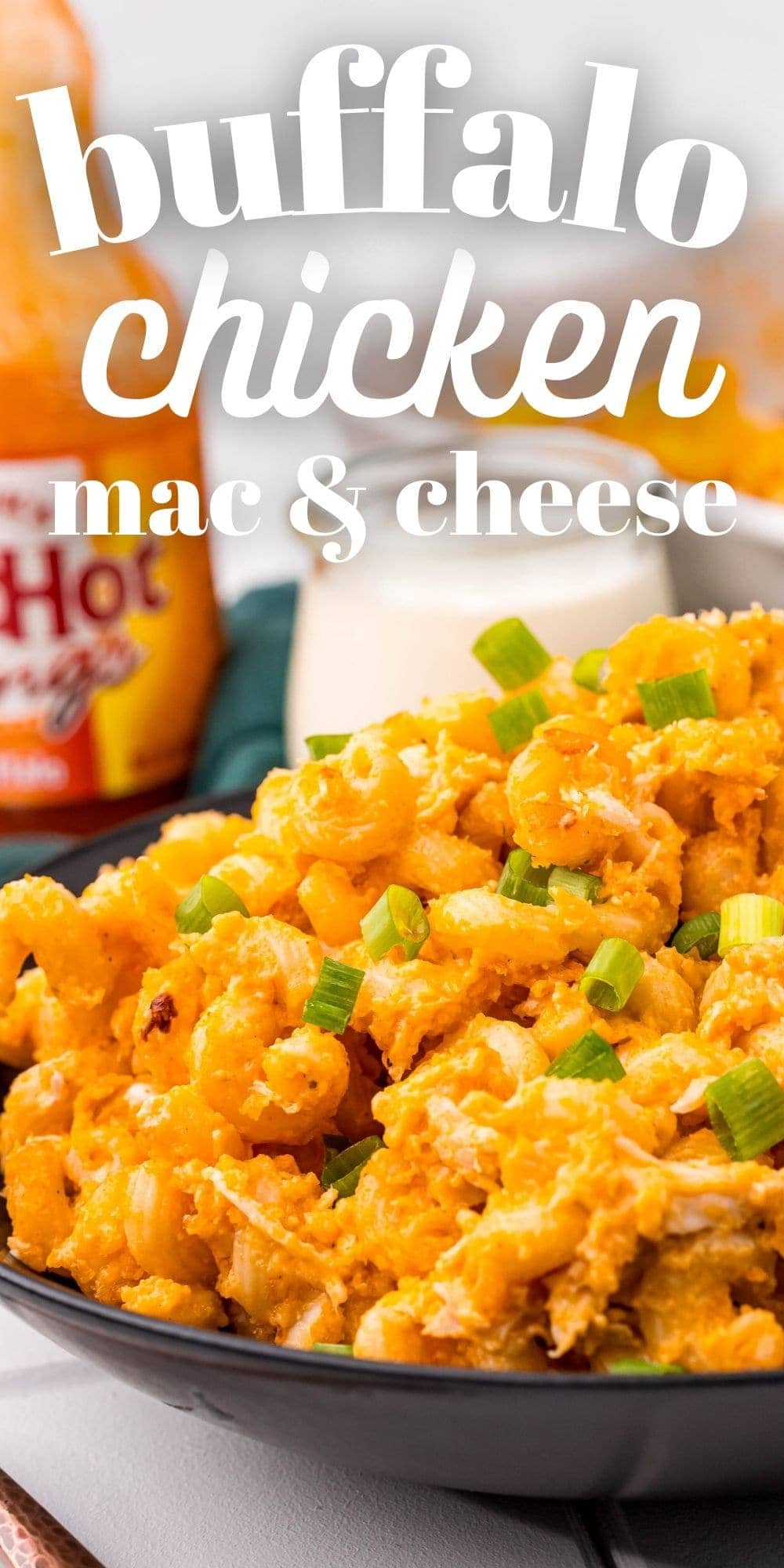 Fiery Buffalo Mac 'n' Cheese 14 A stunning vertical shot of the final Buffalo Chicken Macaroni and Cheese dish, with golden-brown topping and gooey cheese.