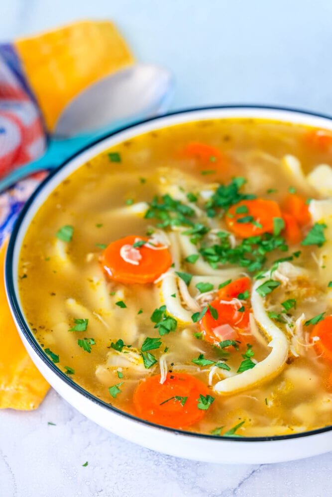 picture of chicken noodle soup in a white bowl