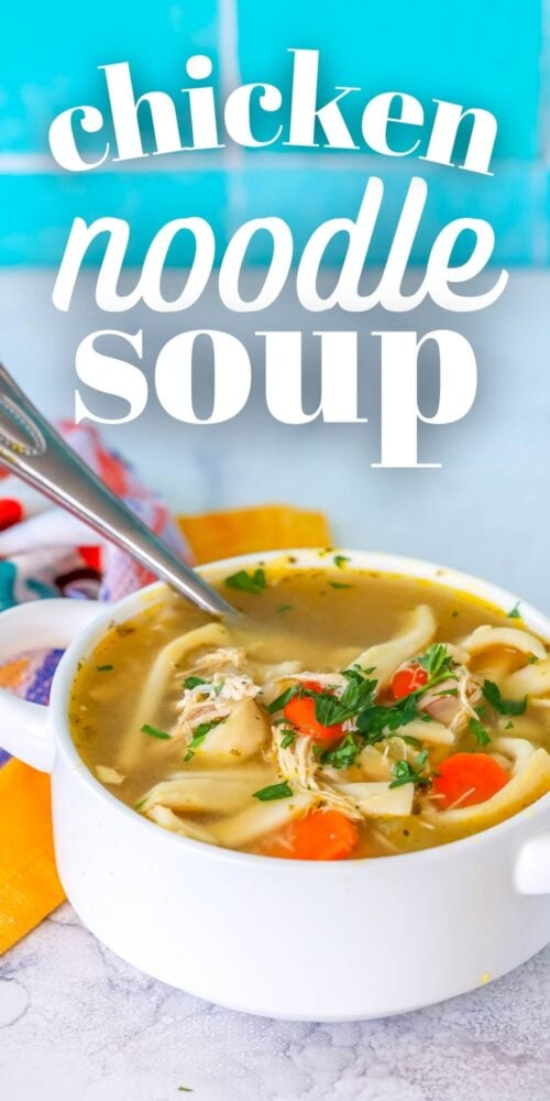 picture of chicken noodle soup in a white bowl