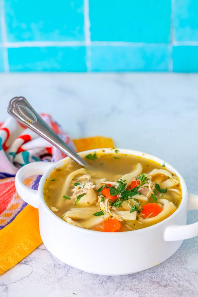 picture of chicken noodle soup in a white bowl