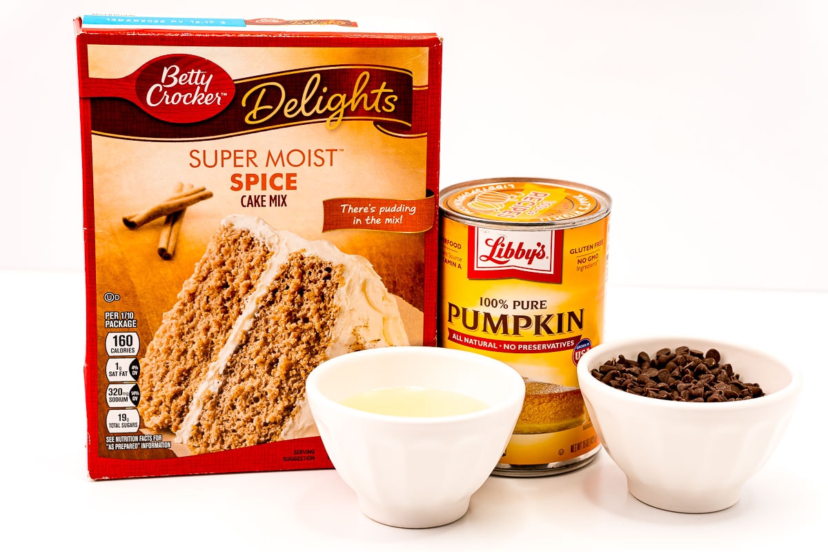 picture of cake mix, pumpkin puree, chocolate chips, and butter on a table
