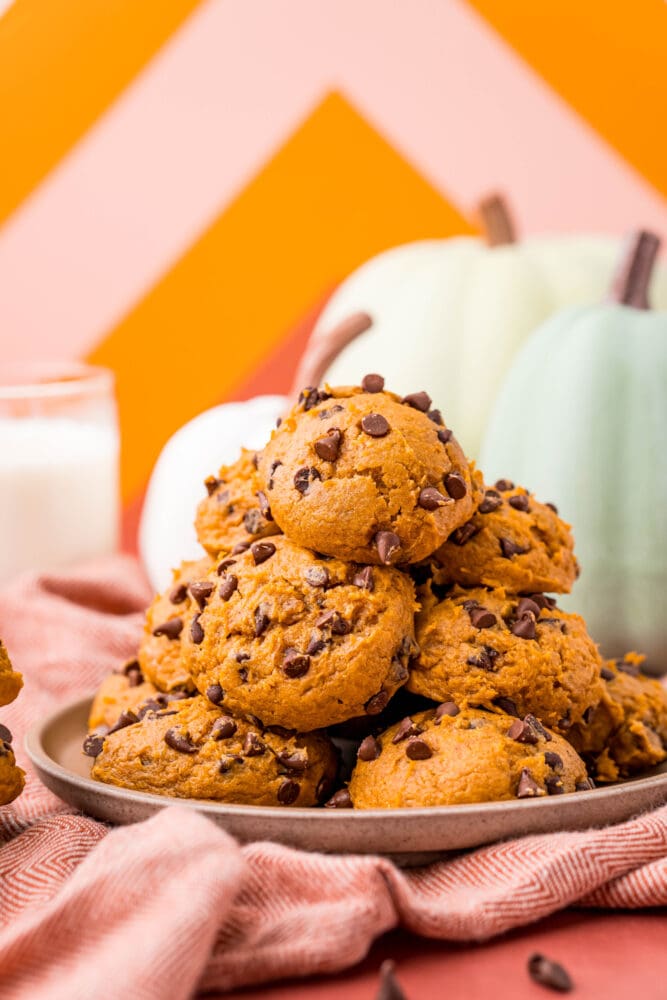 picture of chocolate chip pumpkin spice cookies on a plate
