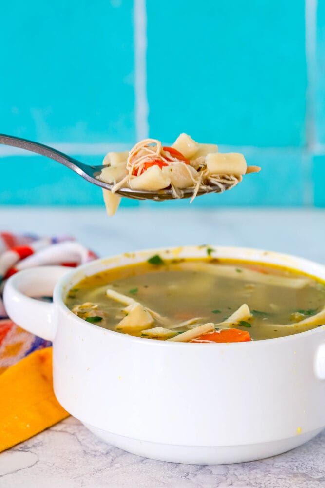 picture of chicken noodle soup in a white bowl