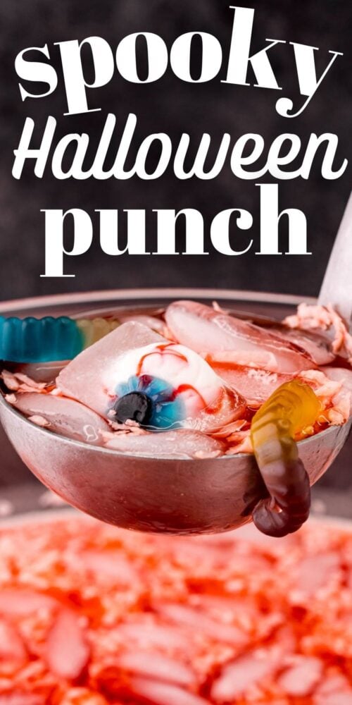 picture of ladle scooping punch with gummy worms and eyeballs