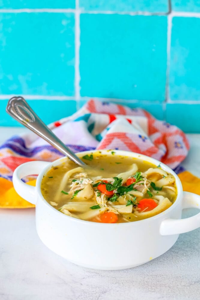 picture of chicken noodle soup in a white bowl