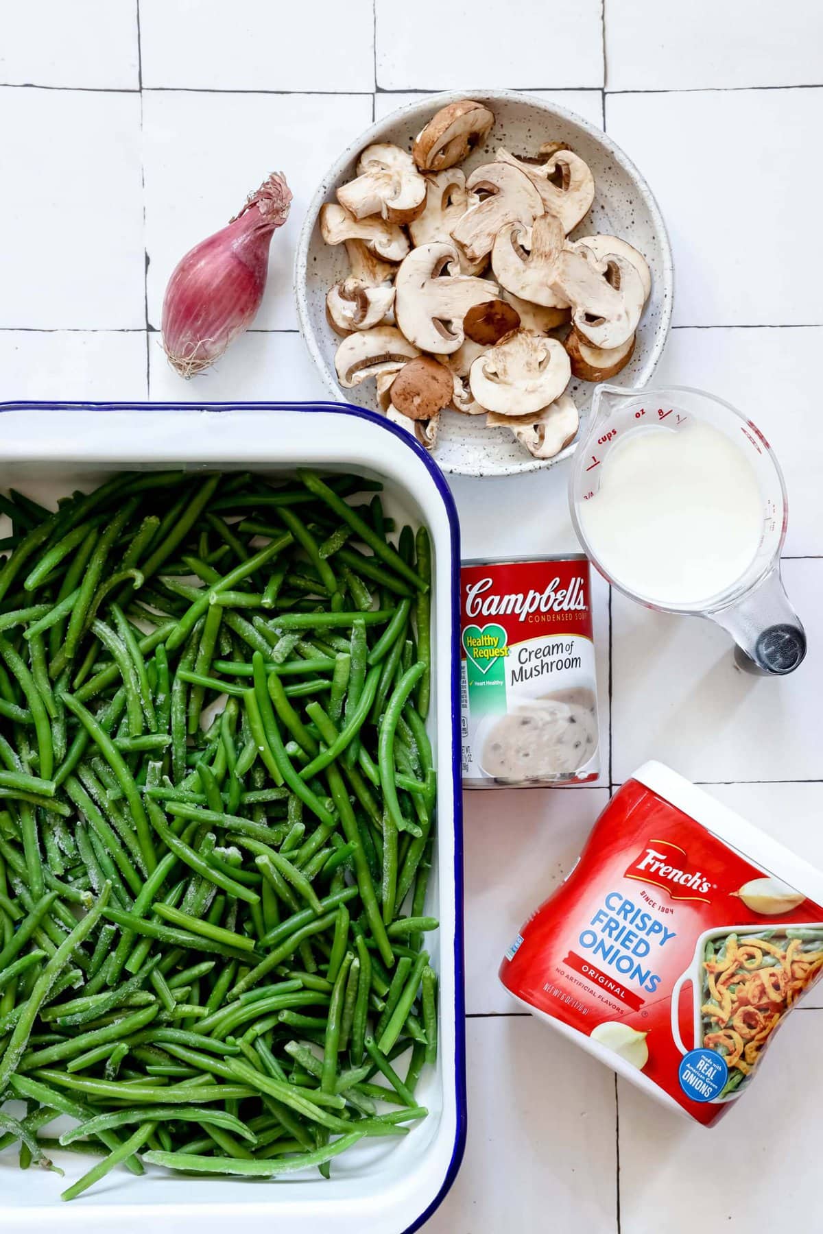 picture of green beans, mushrooms, crunchy onions, mushrooms, shallots, milk, and condensed mushroom soup on a table