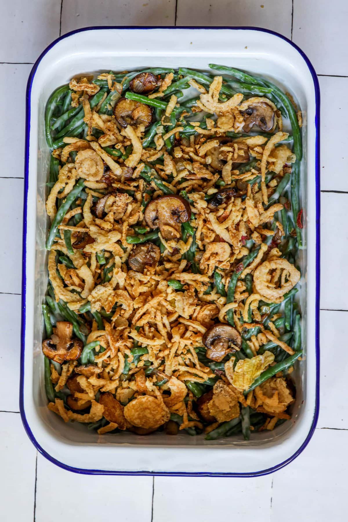picture of green bean casserole in a baking dish