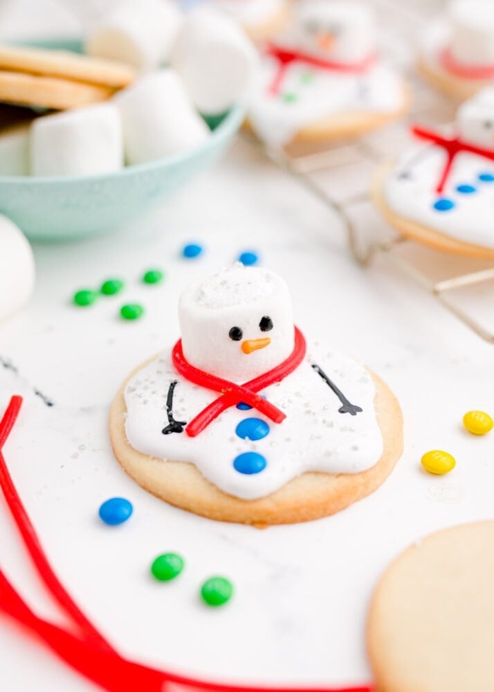 picture of a melted snowman cookie on a table