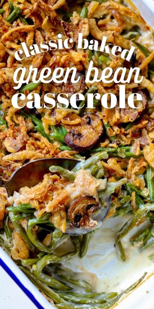 picture of green bean casserole in baking dish with crunchy onions on top 