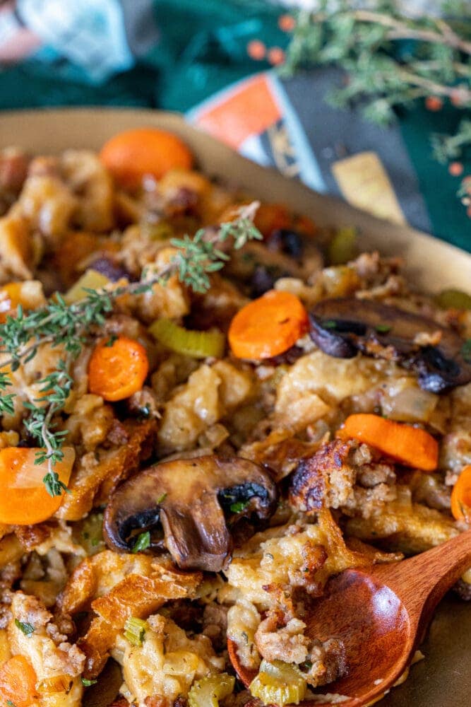 picture of sausage and mushroom stuffing on a plate