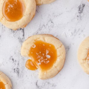 picture of salted caramel thumbprint cookie on a table