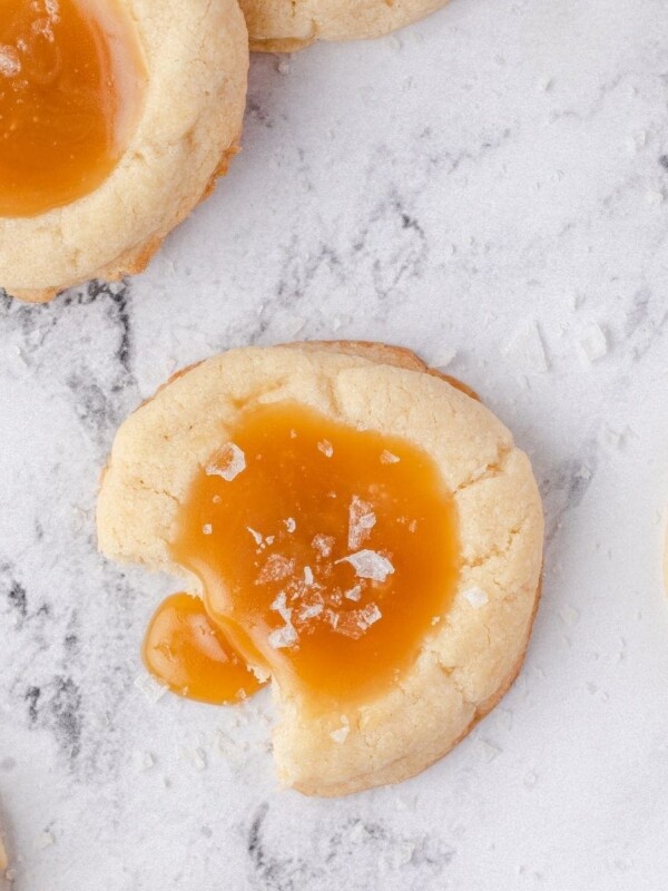 picture of salted caramel thumbprint cookie on a table