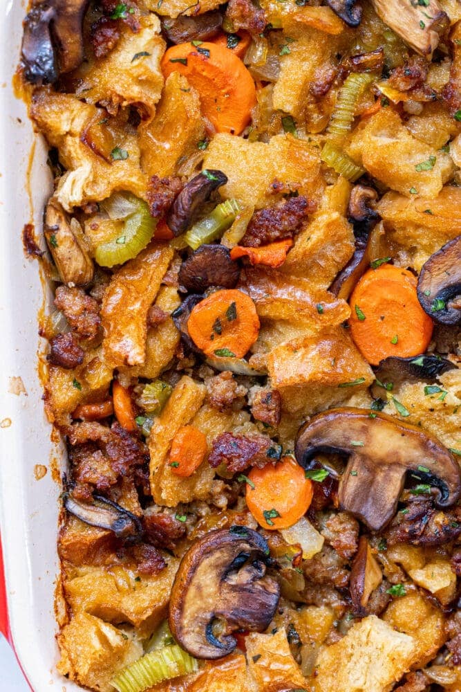 picture of sausage and mushroom stuffing in a casserole dish