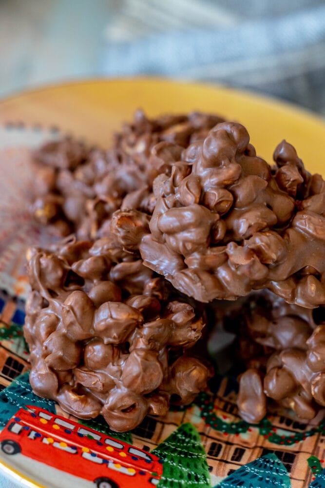 peanut clusters on a plate up close