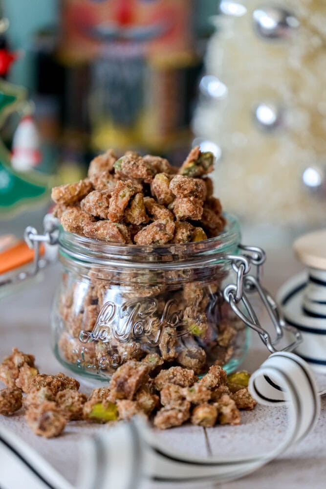picture of candied pistachios in a glass jar