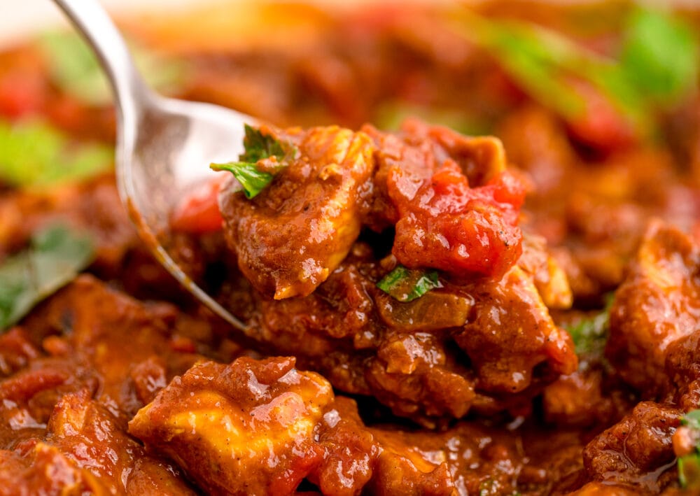 picture of a spoon scooping chicken madras curry in a pan 