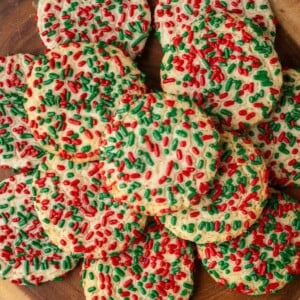 picture of sprinkle cookies on a wood platter