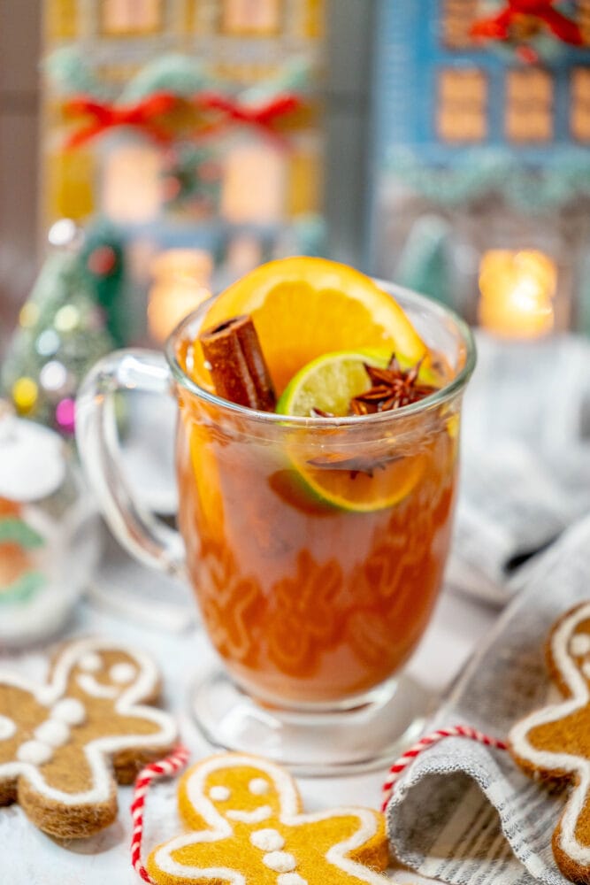 picture of mulled citrus cider in a glass mug with a slice of orange, a slice of lime, a cinnamon stick, a star of anise, and a cardamom pod floating in it