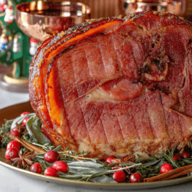 A glazed spiral honey baked ham sits on a platter garnished with fresh herbs, cranberries, cinnamon sticks, and star anise, with festive decorations in the background—a perfect homemade honeybaked ham recipe for any celebration.