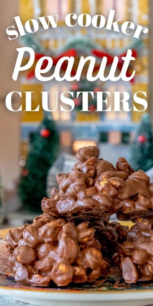 stacked peanut cluster candy on a christmas plate