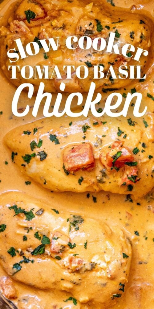 picture of creamy tomato basil chicken in a slow cooker