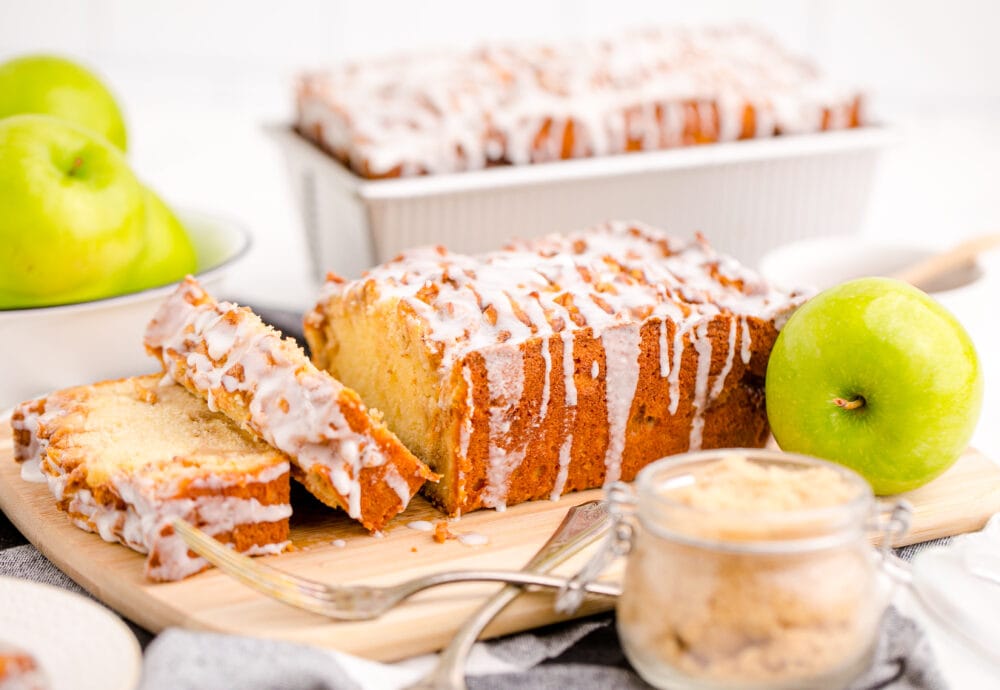 picture of sliced apple fritter bread on a cutting board