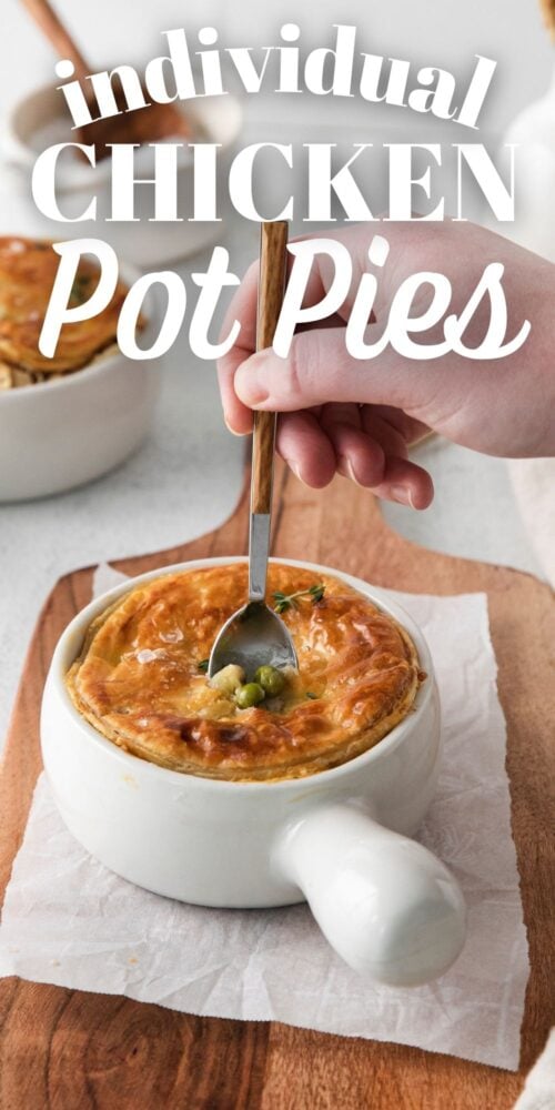 picture of a spoon dipping into a white ramekin with an individual chicken pot pie 