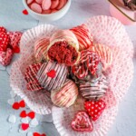 picture of red velvet cake mix truffles on a white plate