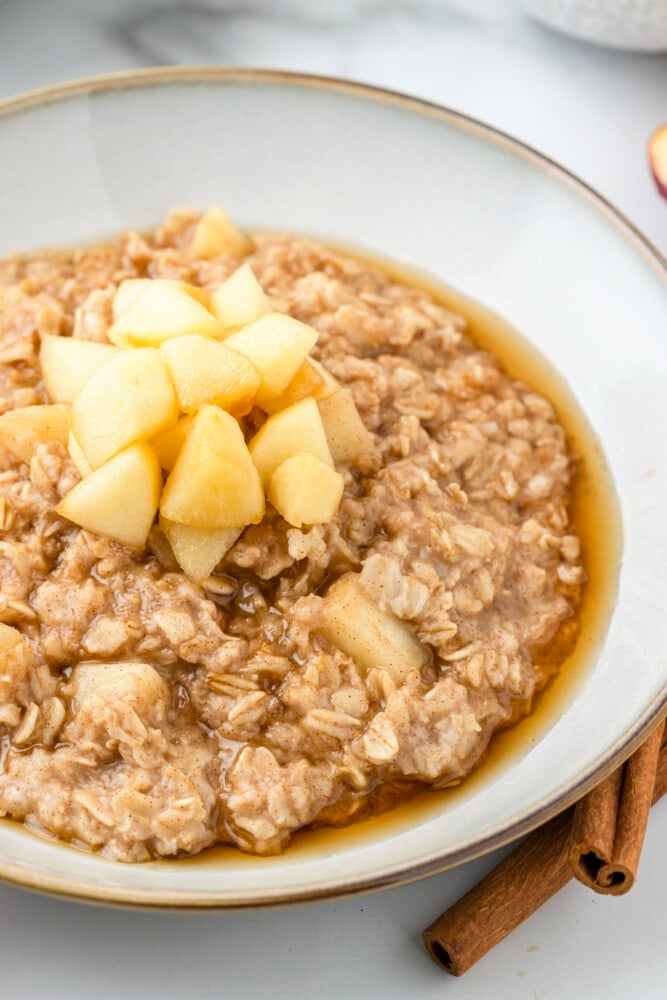 close up shot of apple cinnamon oatmeal in a bowl 