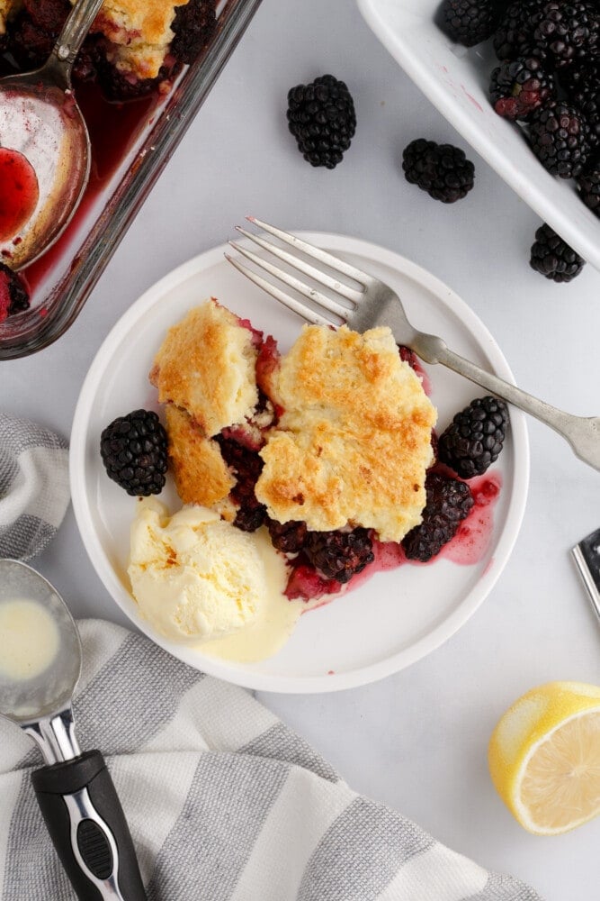 blackberries and crusty topping on a plate with a fork in it