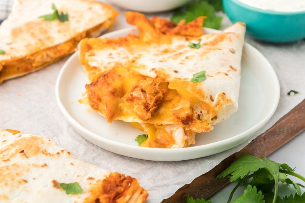 picture of chicken quesadillas on a plate in front of an instant pot